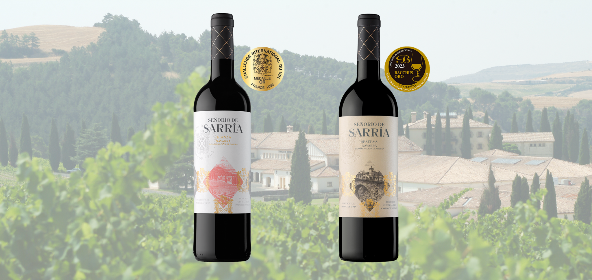 Medalla de Oro Bacchus para Señorío de Sarría Reserva y Medalla de Oro Challenge International du Vin para Señorío de Sarría Crianza